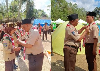 Sekretaris Kwarcab Gunungkidul Sematkan Lencana Teladan dan Pancawarsa di Kampung Pramuka Putat